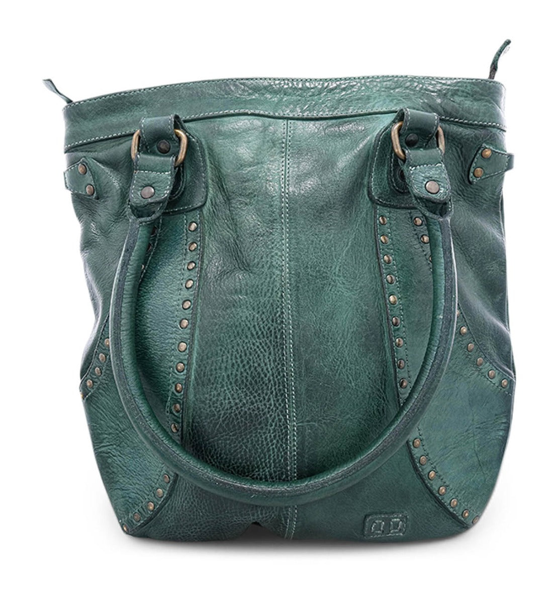 A Bed Stu Gala green leather tote bag with rivets.