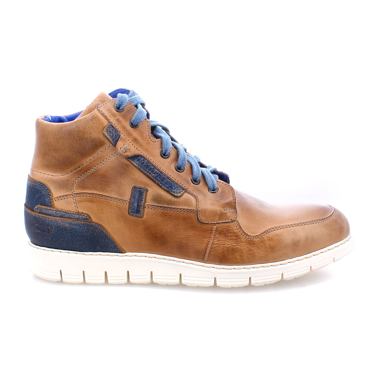 A men's brown leather sneaker with blue laces, featuring a comfortable insole for all-day wear from Bed Stu's Galahad.