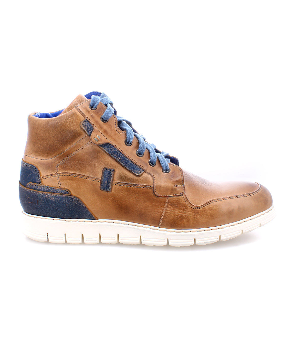A men's brown leather sneaker with blue laces, featuring a comfortable insole for all-day wear from Bed Stu's Galahad.