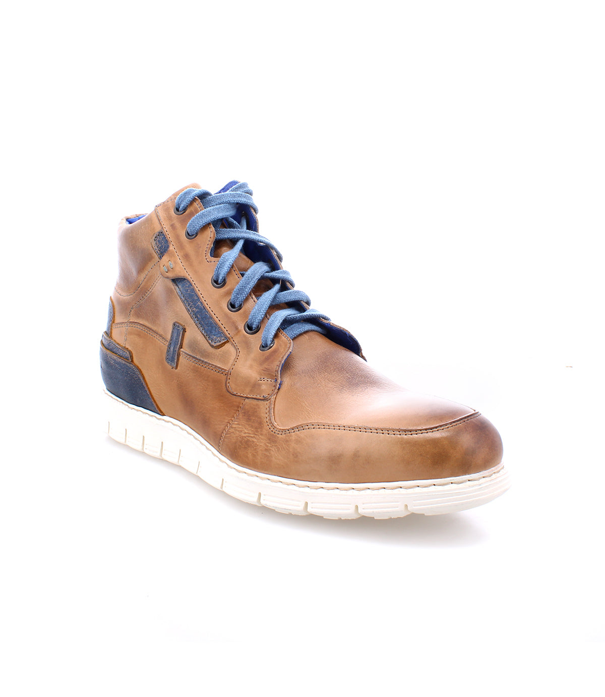 A men's brown leather sneaker with blue laces, lightweight and comfortable, the Bed Stu Galahad.