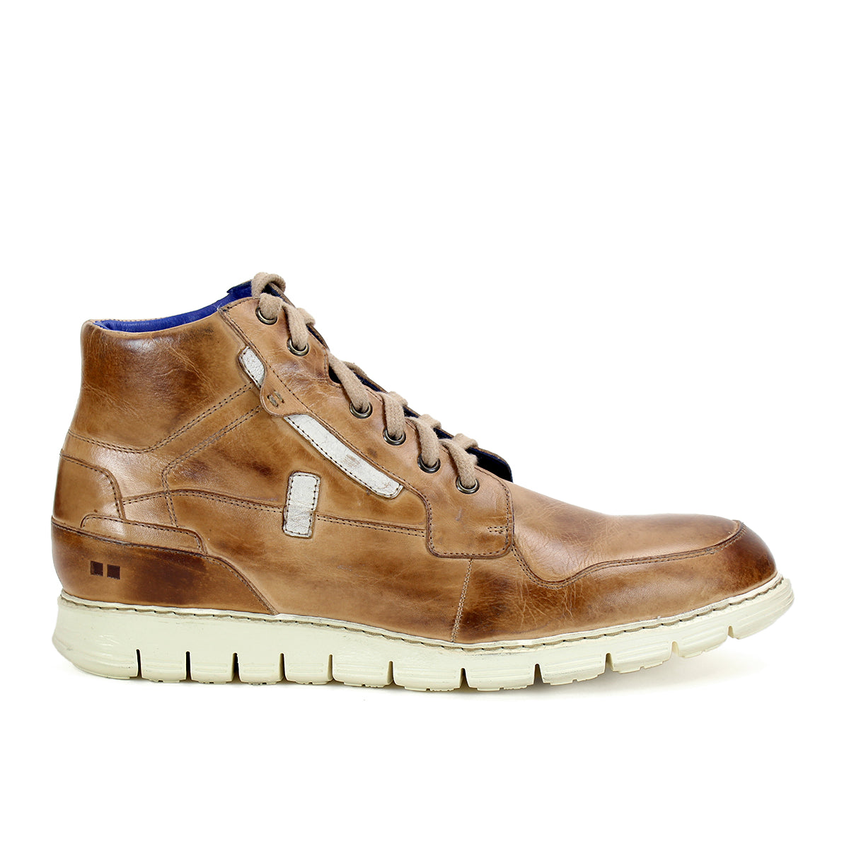 A men's tan leather sneaker with blue soles that features a comfortable insole for all-day wear. - Galahad sneaker by Bed Stu.
