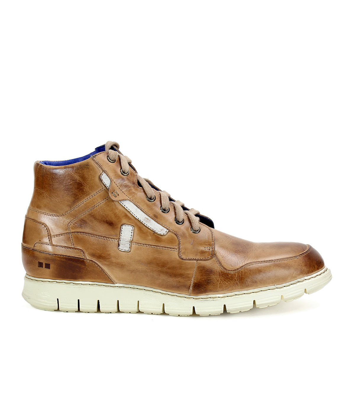 A men's tan leather sneaker with blue soles that features a comfortable insole for all-day wear. - Galahad sneaker by Bed Stu.