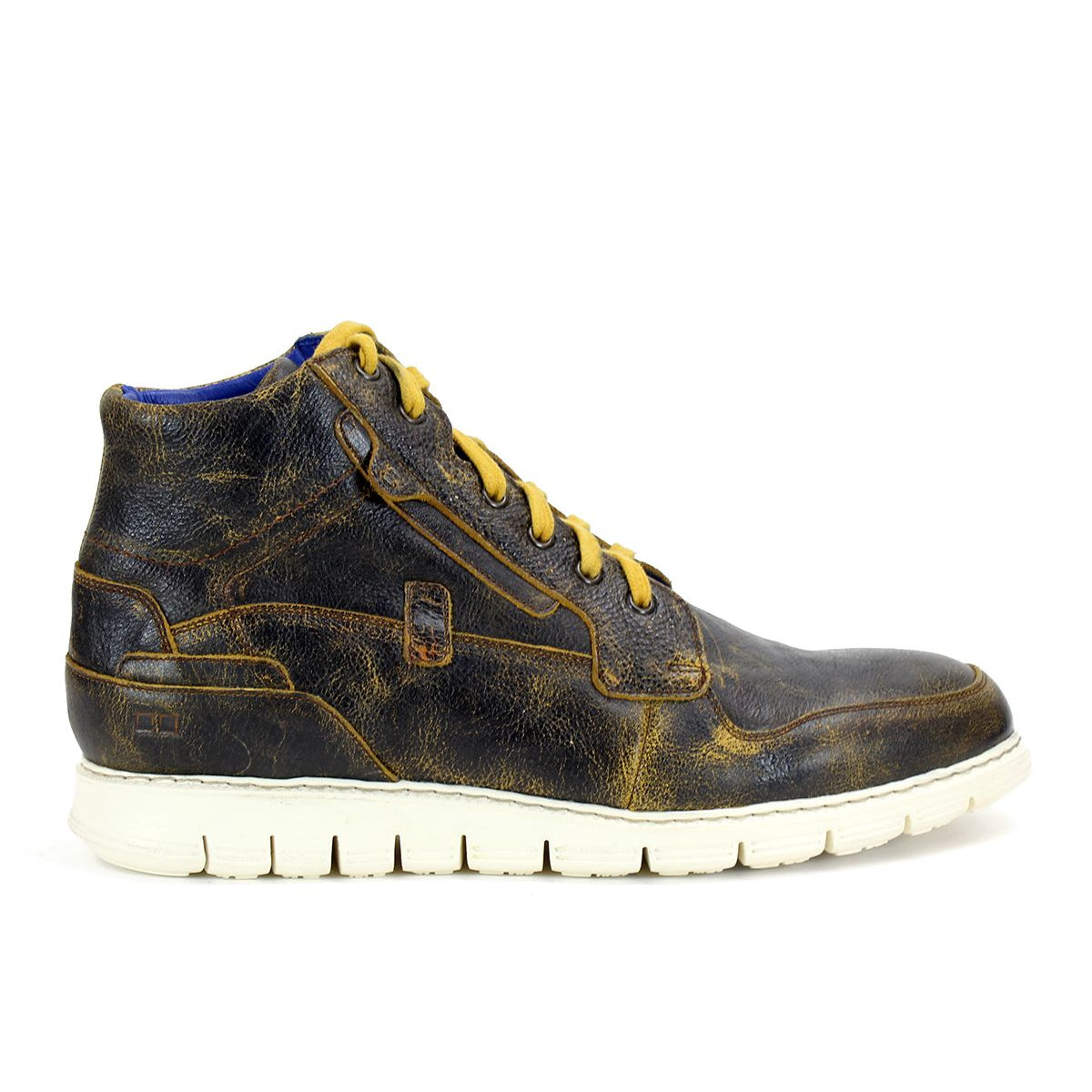 Side view of the Bed Stu Galahad brown high-top leather sneaker with yellow laces, a white rubber sole, and a breathable insole on a white background.