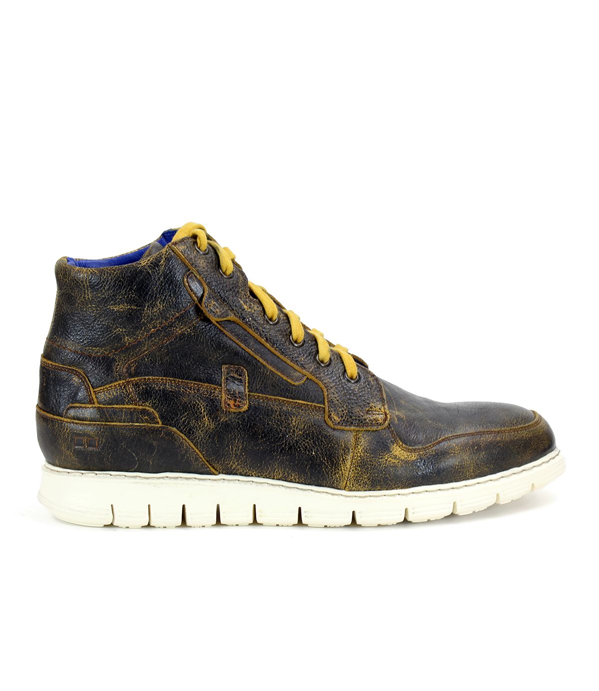 Side view of the Bed Stu Galahad brown high-top leather sneaker with yellow laces, a white rubber sole, and a breathable insole on a white background.