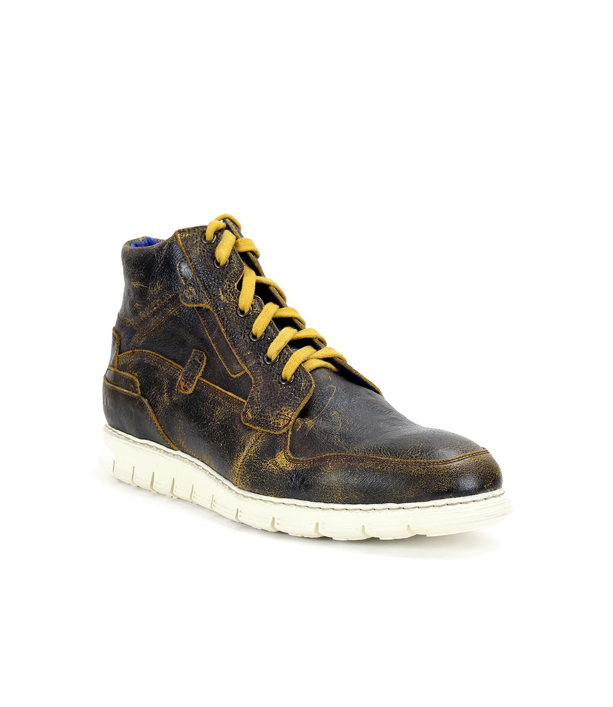The Bed Stu Galahad, a single high-top leather sneaker in brown with striking yellow laces and a white rubber sole, is showcased against a white background. Ideal for casual wear, it also features a breathable insole for added comfort.