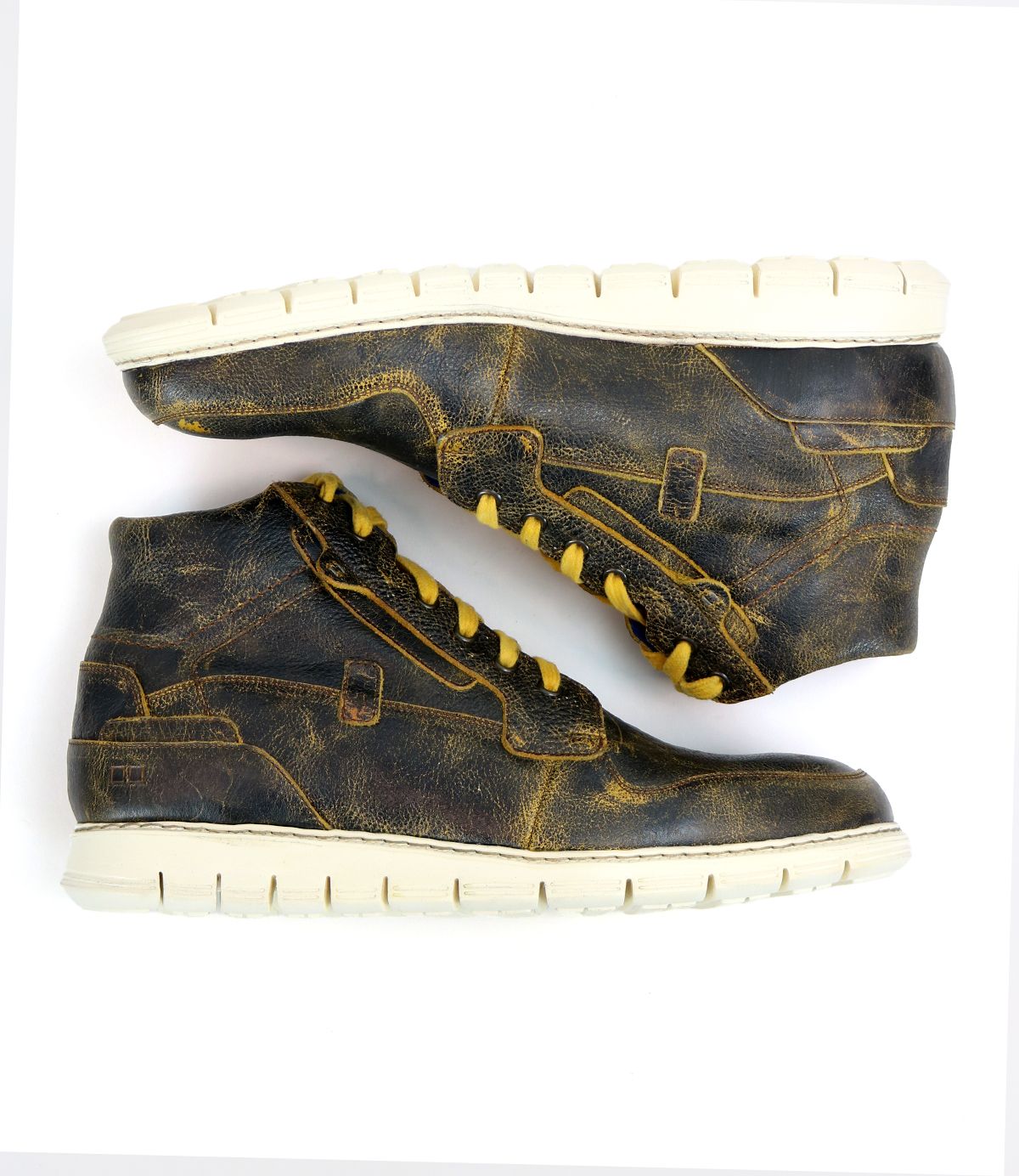 A pair of Galahad dark brown high-top leather sneakers by Bed Stu, with white soles and featuring a comfortable breathable insole, displayed side by side on a plain background.