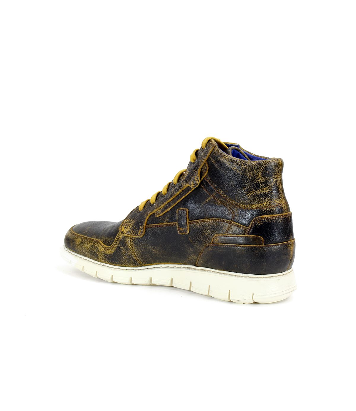 A single Galahad brown leather high-top sneaker by Bed Stu, featuring yellow laces and a white sole. It is viewed from the side and slightly from the back. Perfect for casual wear, this sneaker also includes a breathable insole for added comfort.