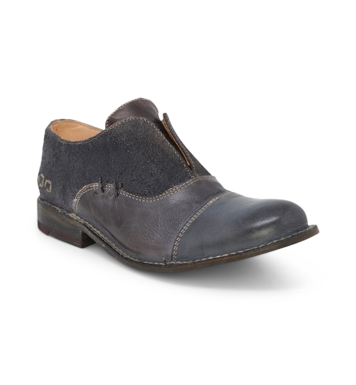 A Bed Stu Garden M men's grey leather shoe with a zipper on the side.