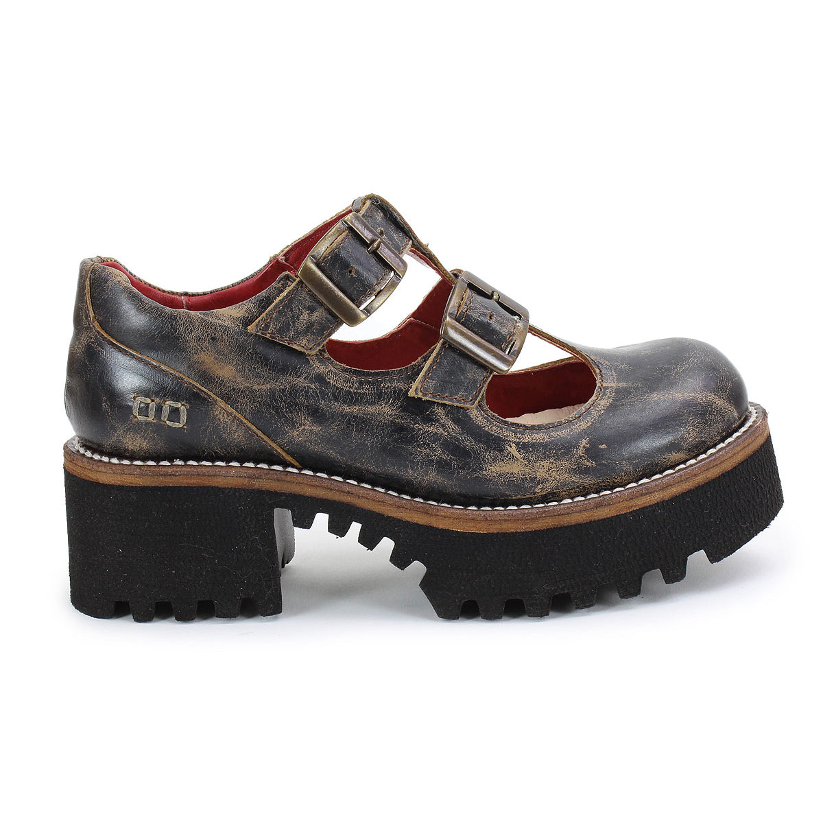 The Bed Stu Gear is a women’s shoe in brown distressed leather, featuring double buckle straps, a chunky XL Extralight sole, and red interior lining.