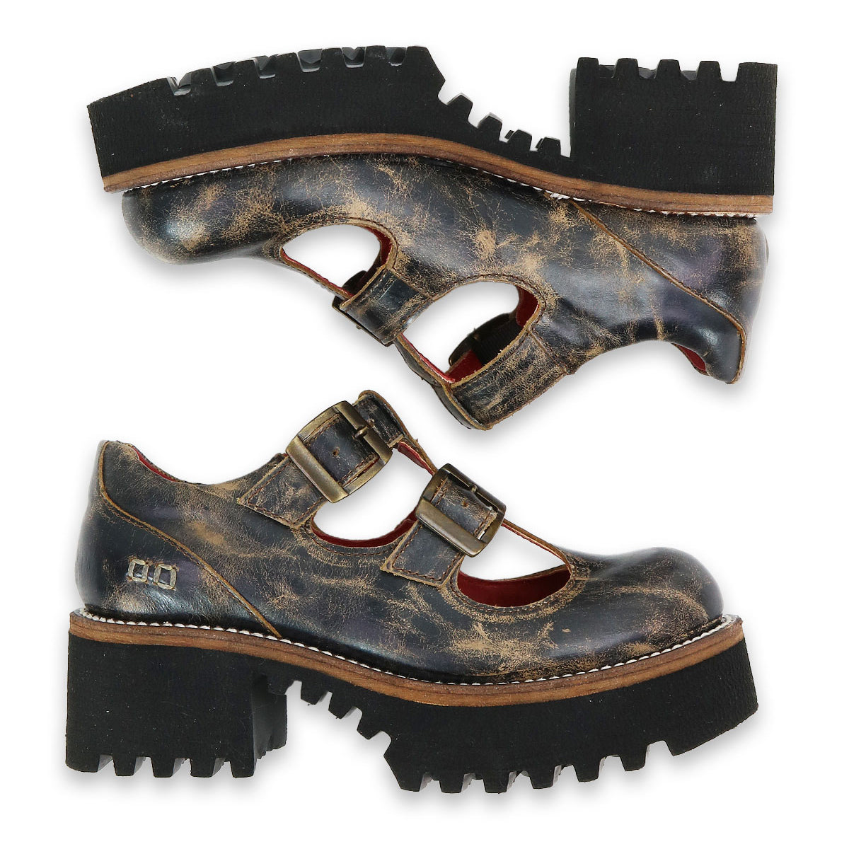 A pair of worn, chunky black Bed Stu Gear women’s Mary Jane shoes with double straps and thick XL Extralight soles, displayed side by side on a white background.