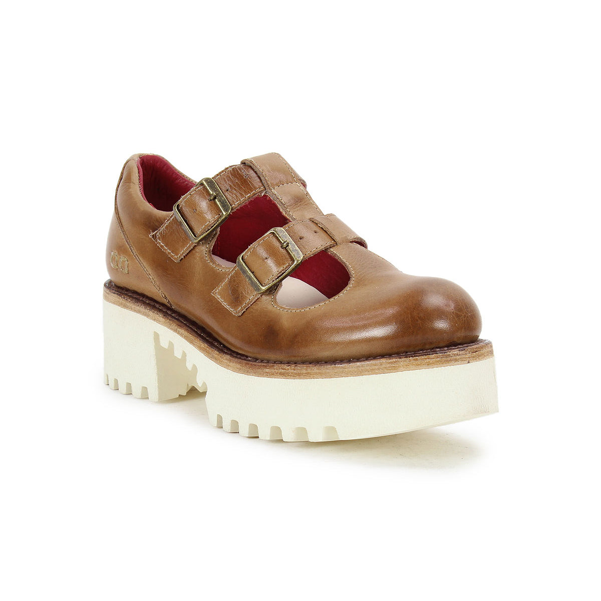 The Bed Stu Gear is a women’s brown leather shoe featuring a double-strap design, bold red interior lining, and a thick XL Extralight sole.