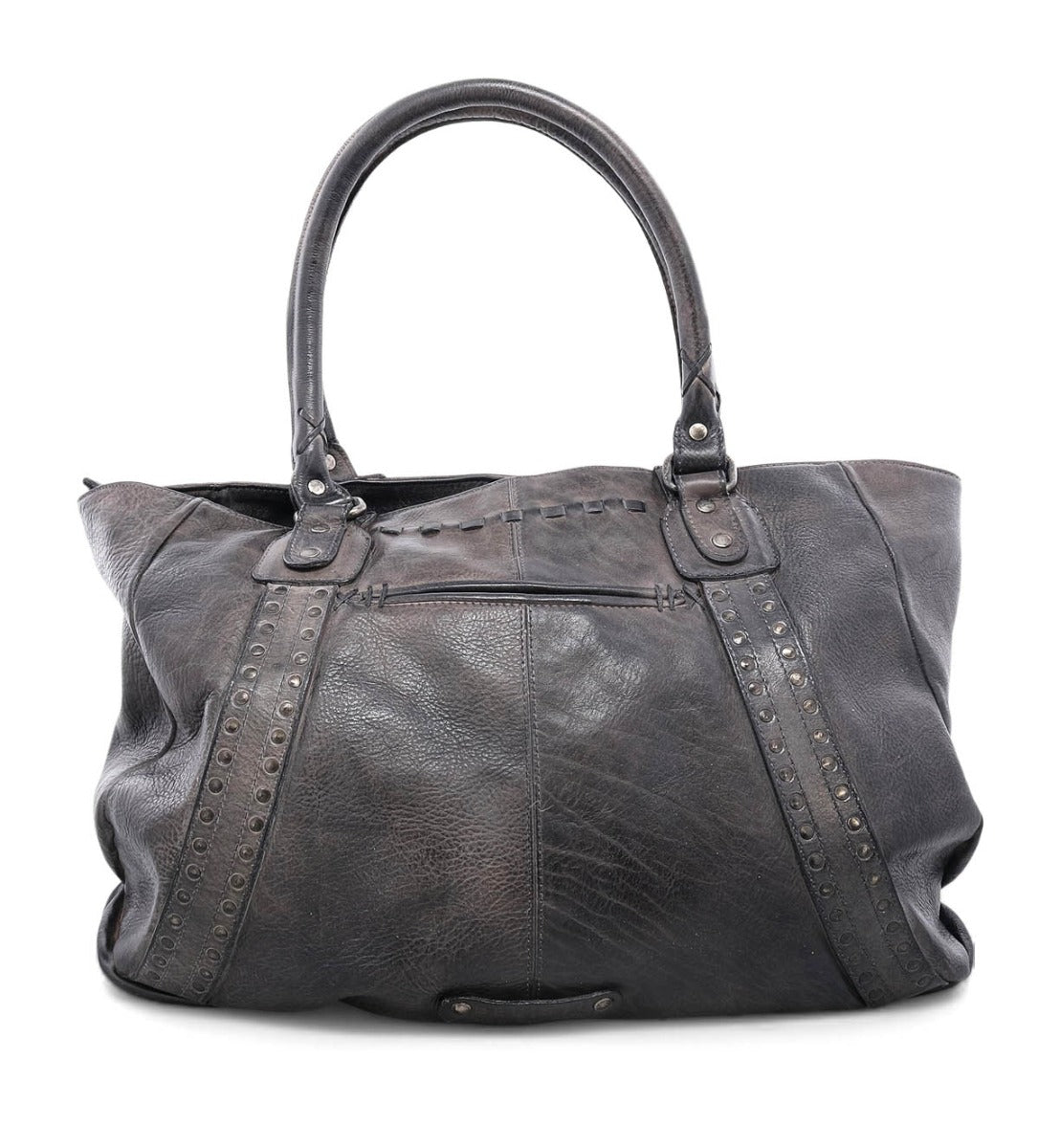 A Bed Stu Geraldin black leather tote bag with rivets.