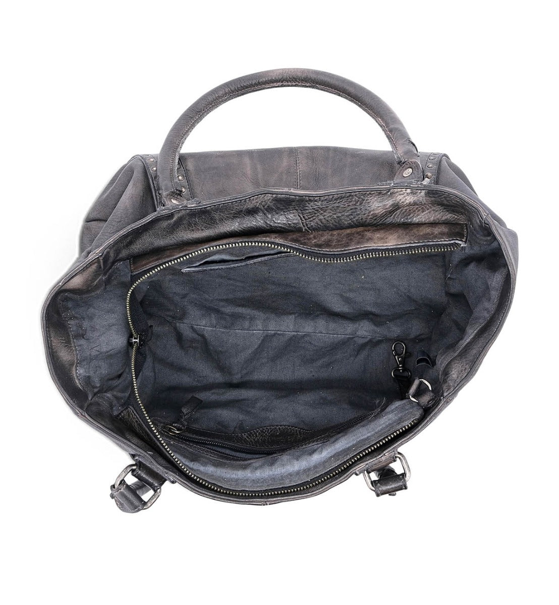 The inside of a Bed Stu Geraldin black leather bag.