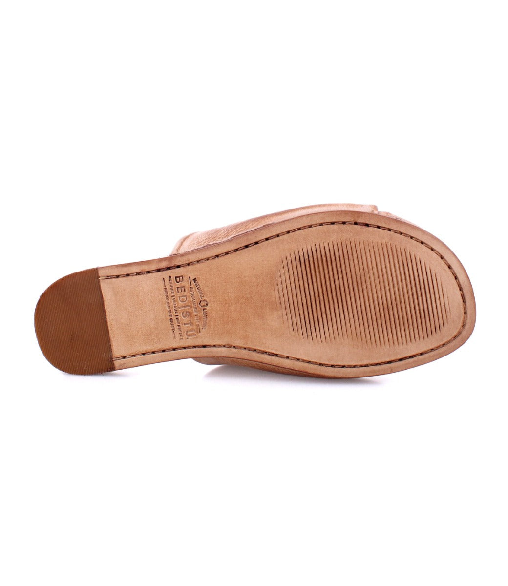 Sole of Gia tan leather slide on sandals by Bed Stu.