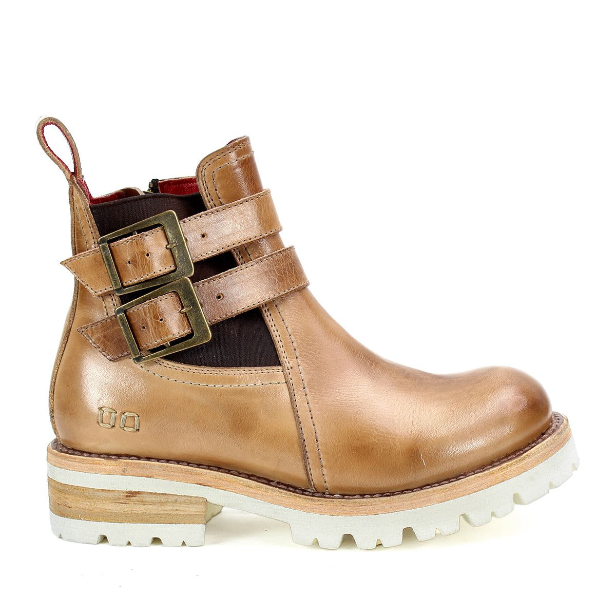 The Ginger II ankle boot by Bed Stu, featuring a tan leather finish, white sole, side buckle straps, an inner zipper, and a pull tab at the back, adds stylish touches.