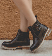 Bed Stu Ginger black leather ankle boots with buckles.