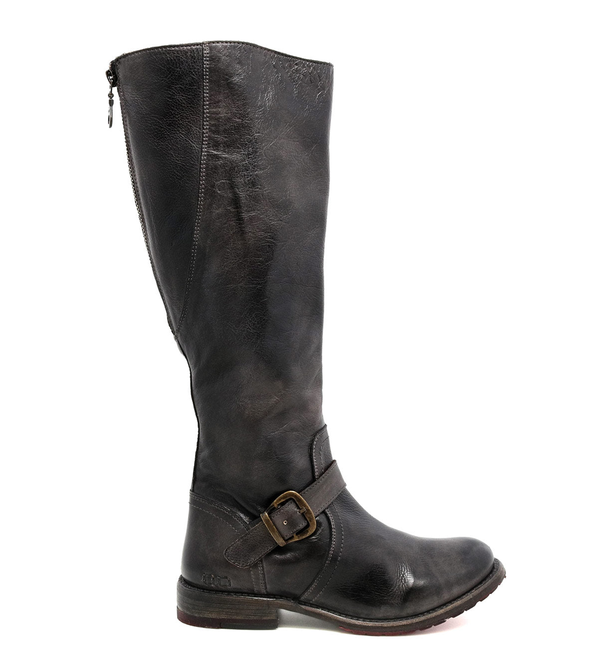 A women's Glaye grey leather riding boot with buckles by Bed Stu.