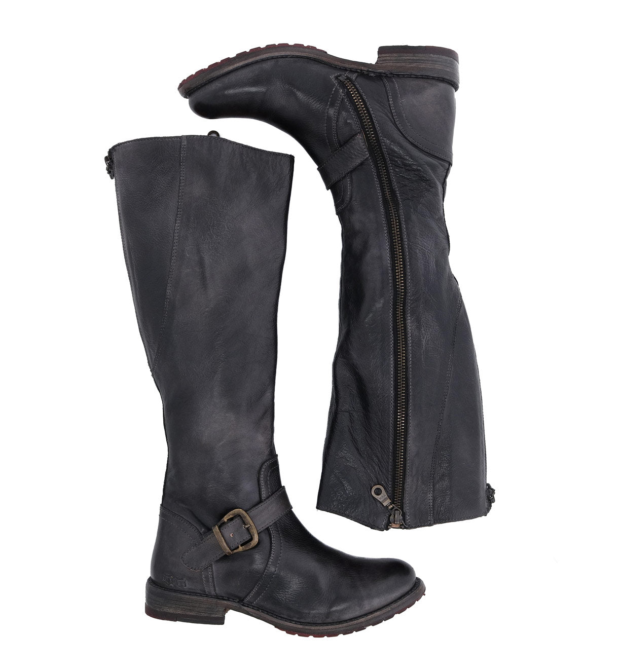 A pair of black leather Glaye boots with buckles and zippers by Bed Stu.
