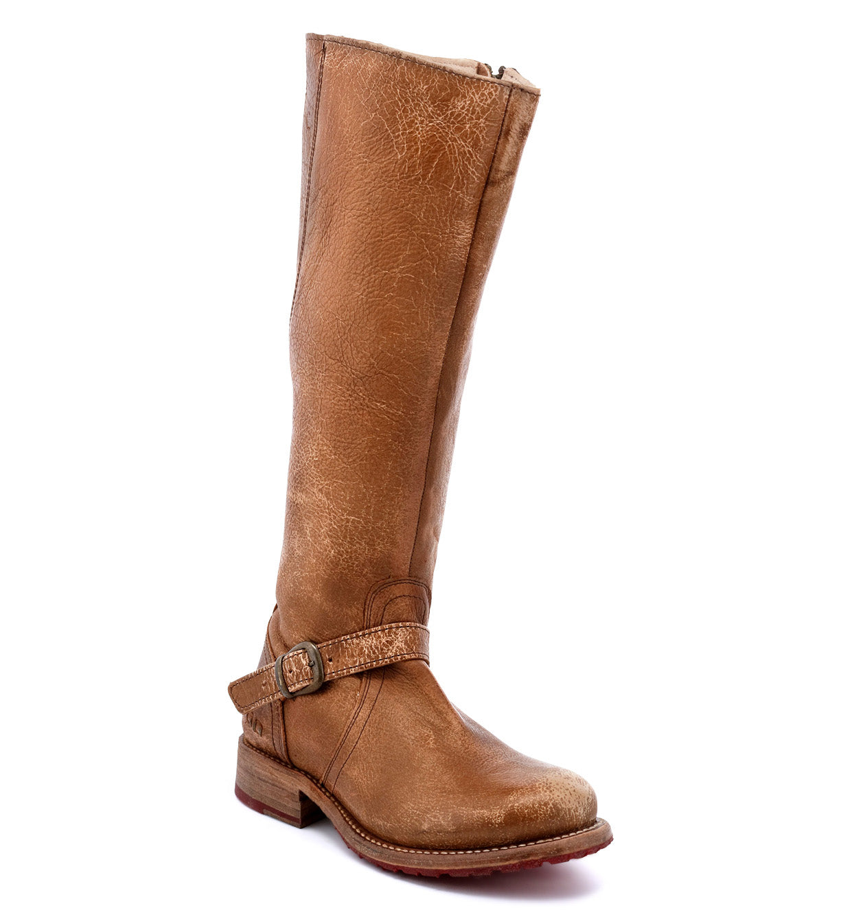 A women's Glaye tan leather riding boot with buckles by Bed Stu.