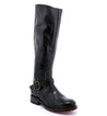 A women's black leather riding boot with a buckle called Glaye by Bed Stu.