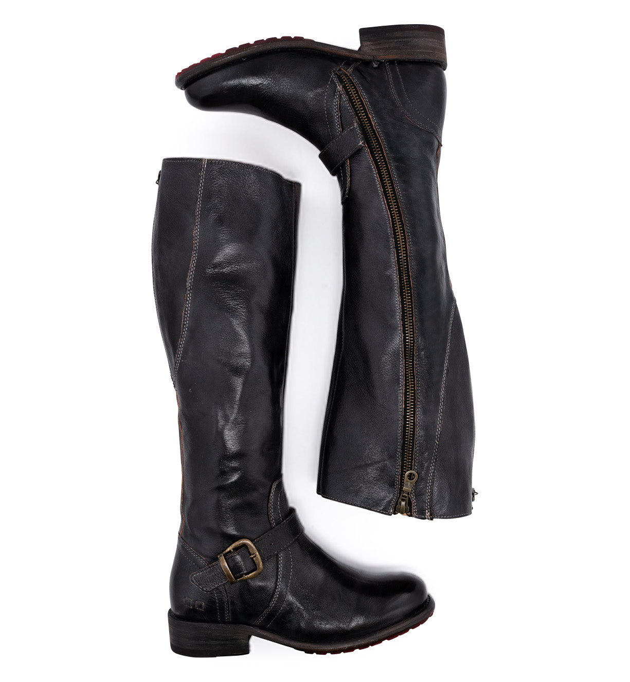 A pair of Bed Stu black leather Glaye boots with buckles and zippers.