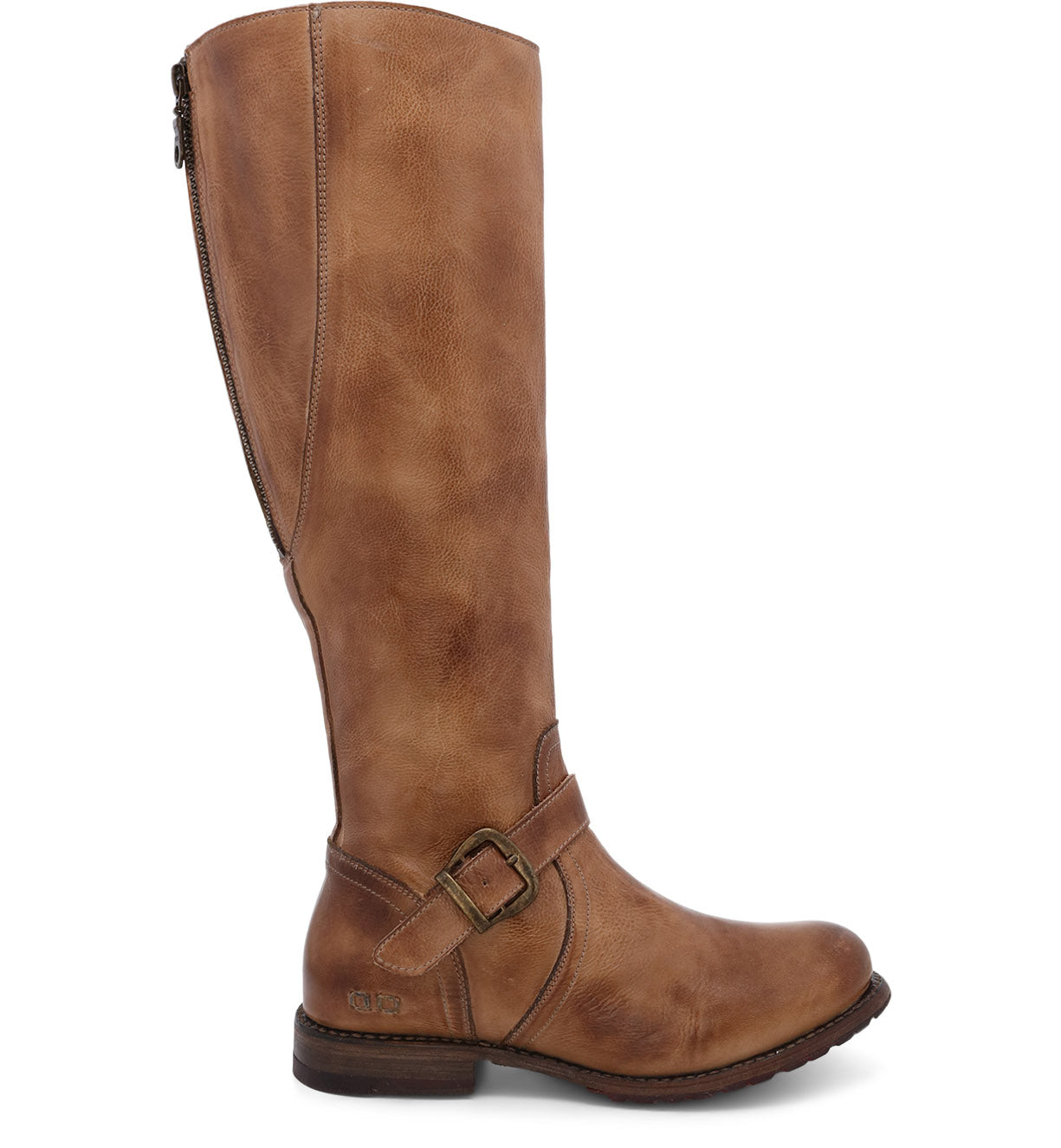 A women's Glaye tan riding boot with buckles and buckles by Bed Stu.