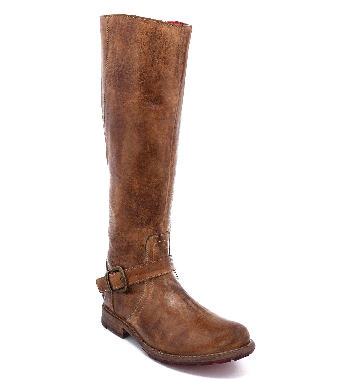 A women's brown Glaye riding boot with buckles and straps, from the brand Bed Stu.