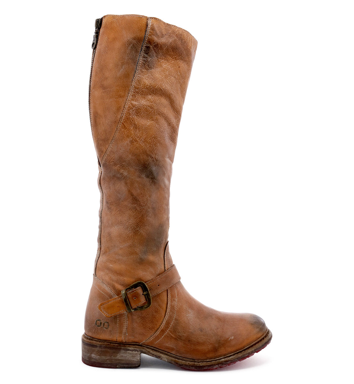 A Glaye women's tan leather riding boot with buckles by Bed Stu.