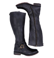 A pair of Glaye Wide Calf black leather boots with buckles and zippers from Bed Stu.