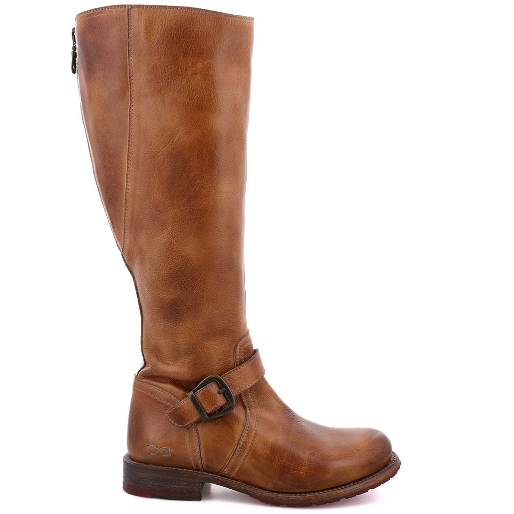 A women's brown riding boot with buckles on the side, the Glaye Wide Calf by Bed Stu.