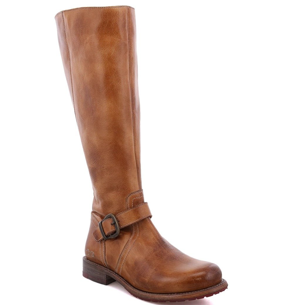 A women's Glaye Wide Calf tan leather boot with buckles by Bed Stu.