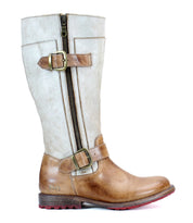 A single mid-height leather boot with a light beige upper, brown lower section, two buckled straps, a side zipper, and a durable red lug outsole. Introducing the Bed Stu Gogo Lug Wide Calf for your stylish comfort needs.