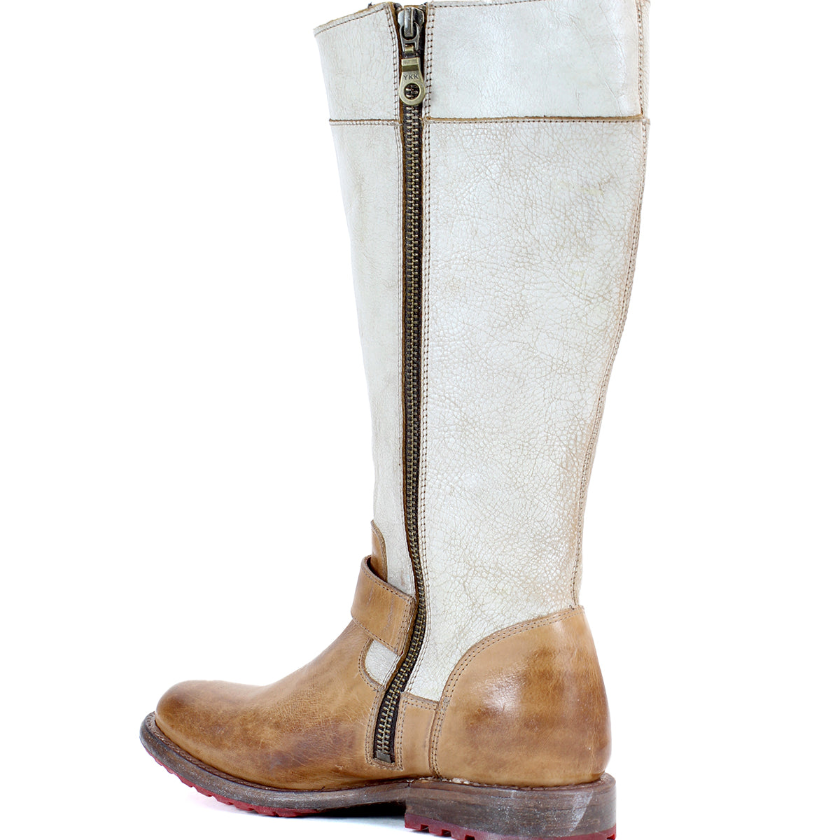 Tall brown and beige mid-calf leather boot with dual zippers and buckles, a flat heel, and a red-tinted sole, viewed from the front-left side. Bed Stu Gogo Lug.