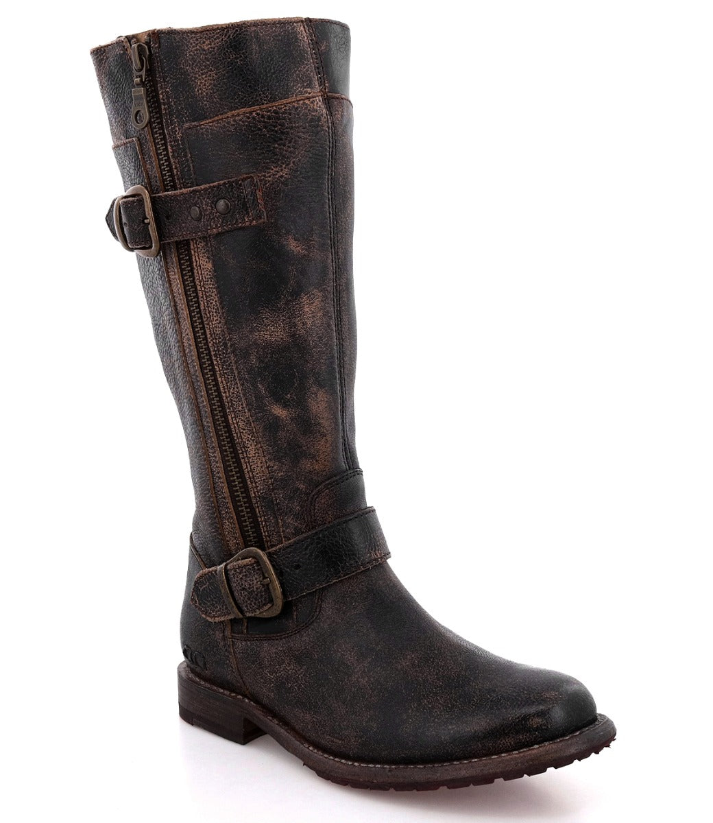 A women's black leather Gogo Lug boot with Bed Stu buckles.