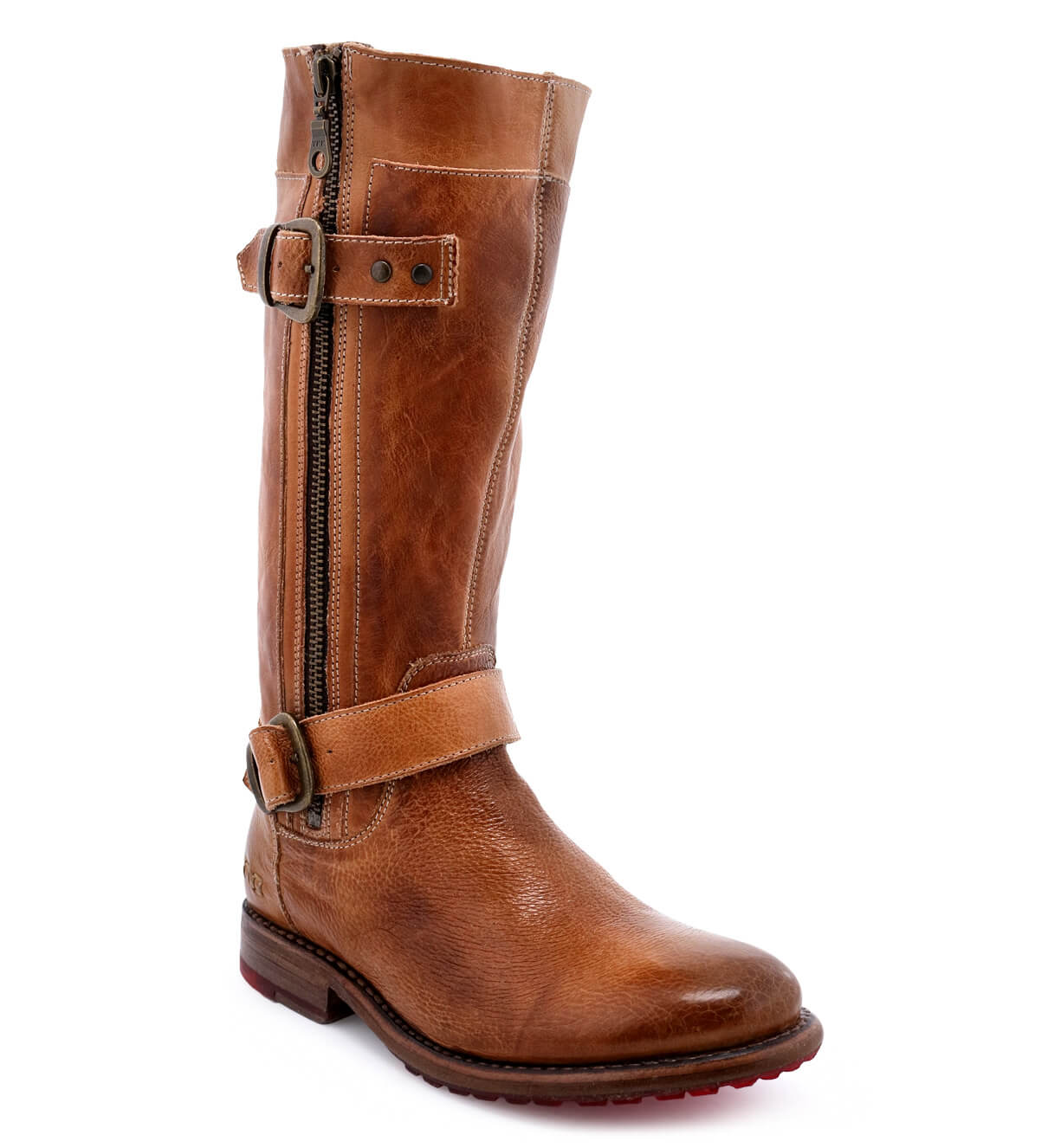 A women's Gogo Lug tan leather boot with buckles and buckles by Bed Stu.