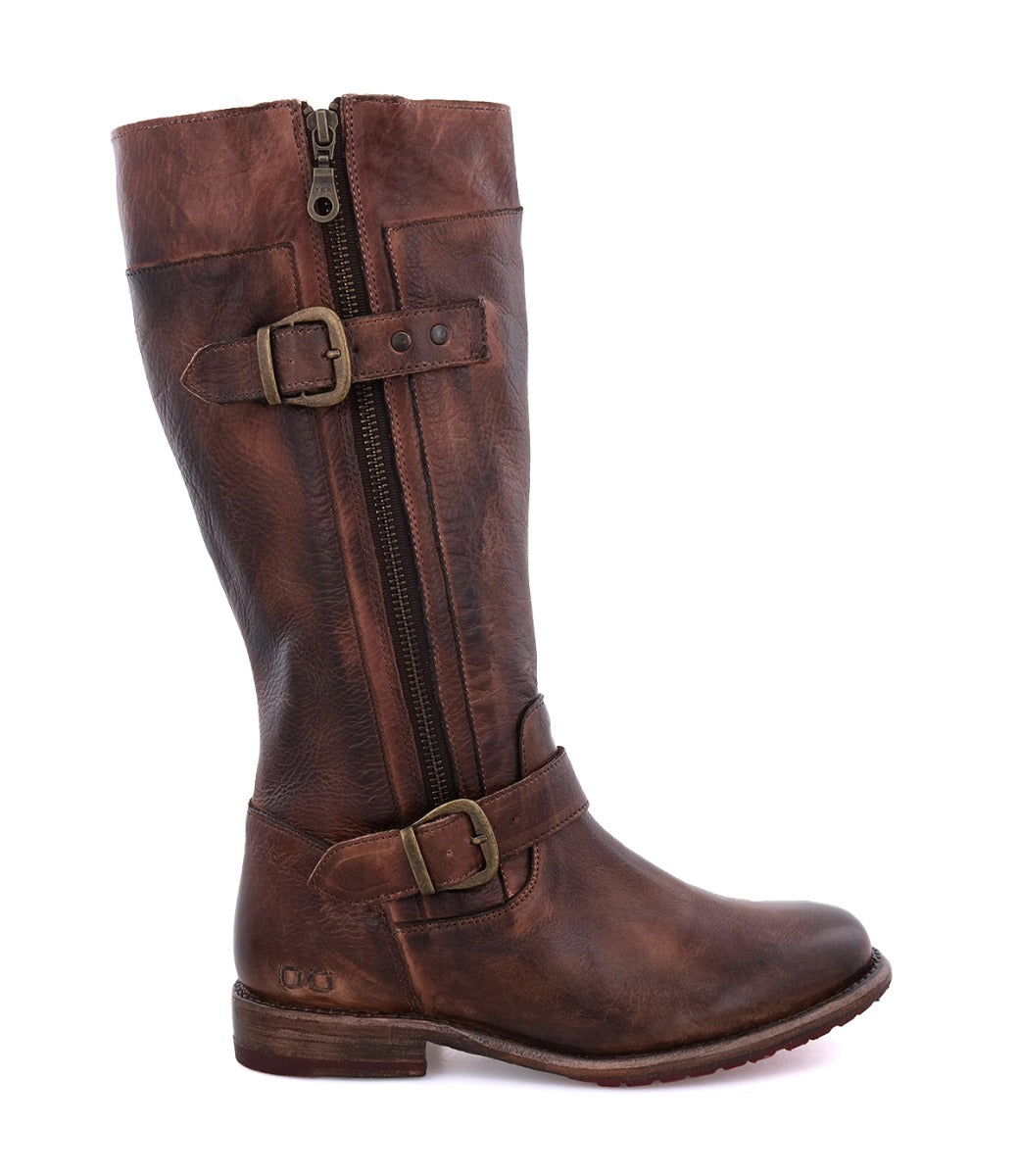 A women's Gogo Lug teak leather boot with buckles and buckles by Bed Stu.