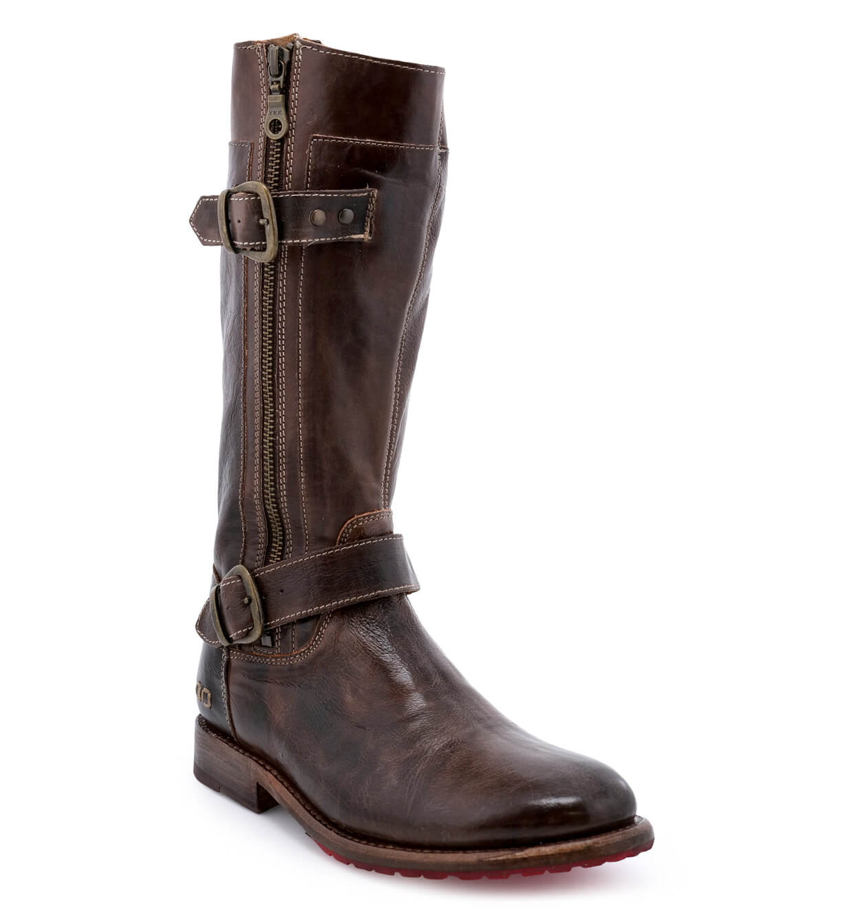 A women's Gogo Lug teak leather boot with buckles and buckles by Bed Stu.