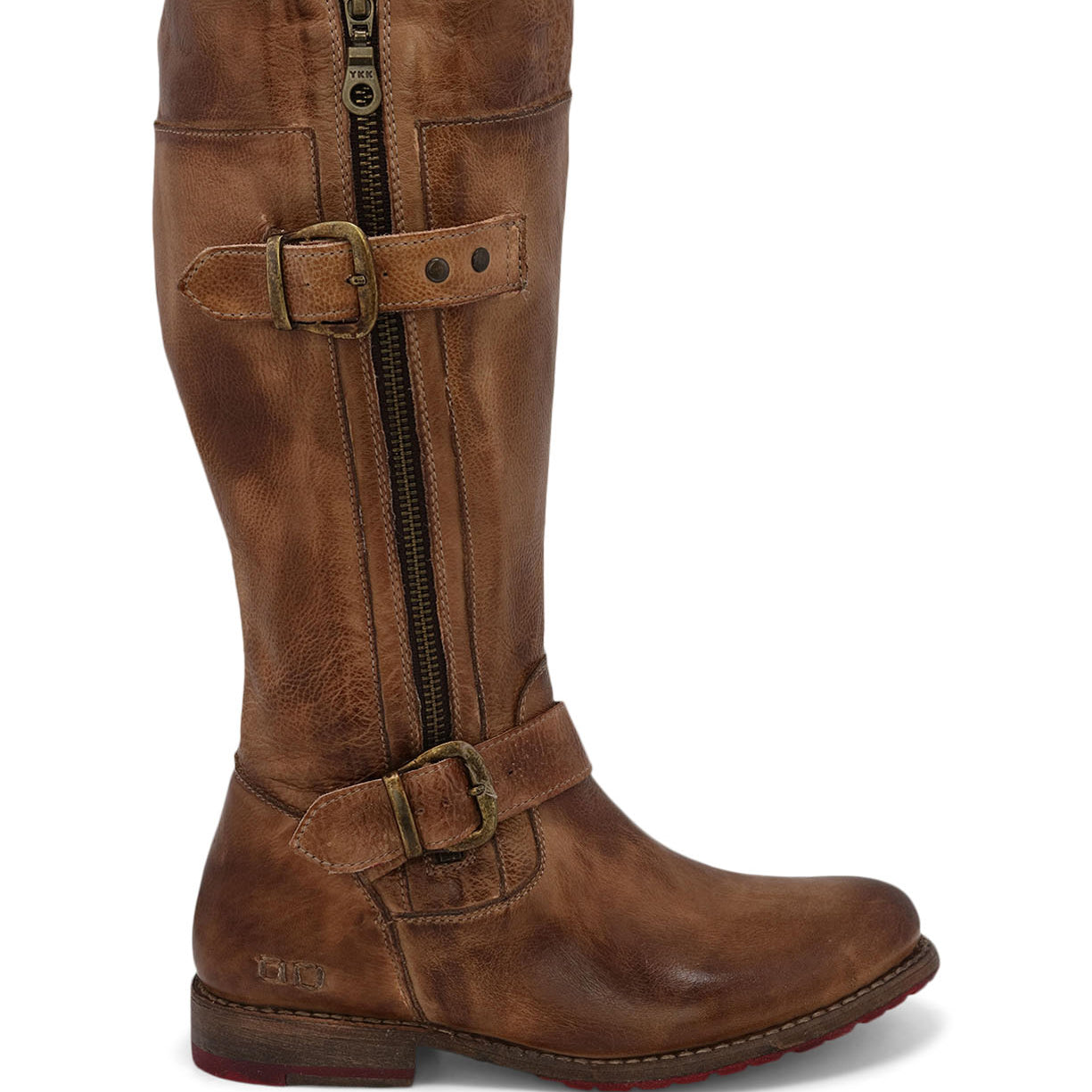 A women's Gogo Lug Wide Calf brown leather boot with buckles and zippers, made by Bed Stu.