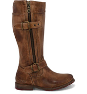 A women's Gogo Lug Wide Calf brown leather boot with buckles and zippers, made by Bed Stu.
