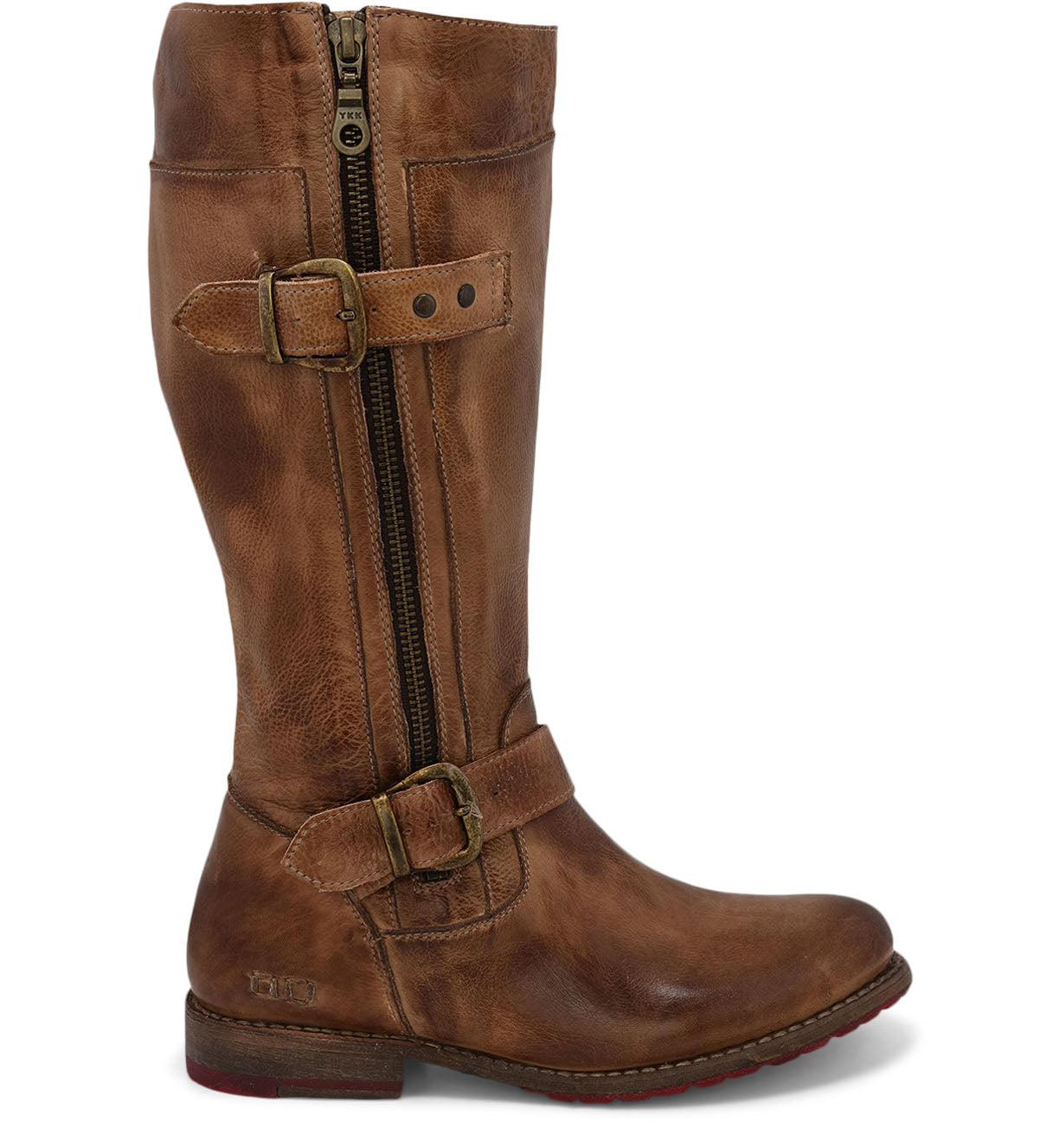 A women's Gogo Lug Wide Calf brown leather boot with buckles and zippers, made by Bed Stu.
