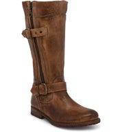 A women's Gogo Lug Wide Calf brown leather boot with buckles and zippers by Bed Stu.