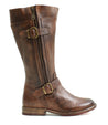 A women's brown leather Gogo Lug Wide Calf boot with buckles by Bed Stu.
