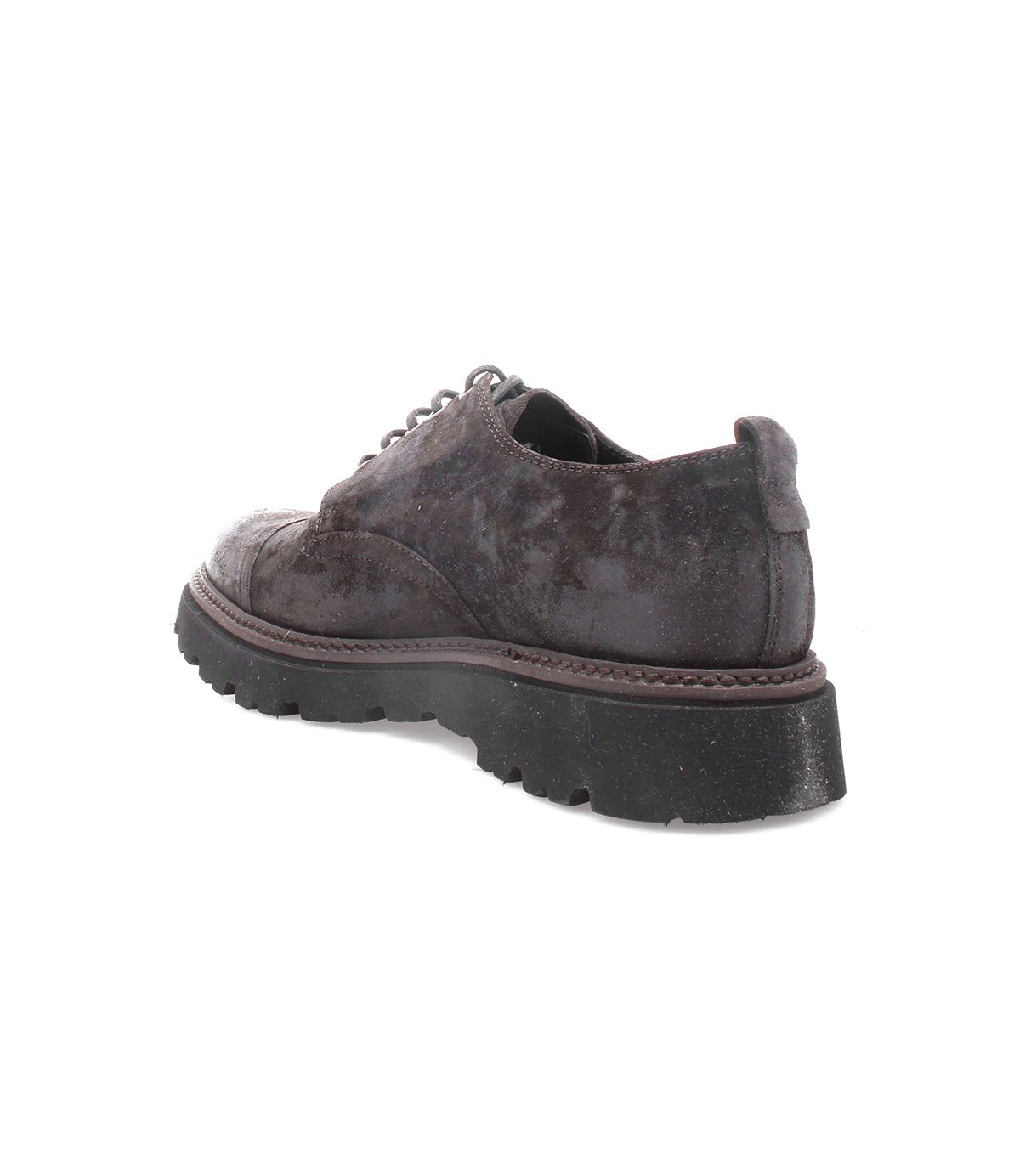Handcrafted men's brown derby shoe made of Italian leather for durability, with a black sole called Grant by Bed Stu.