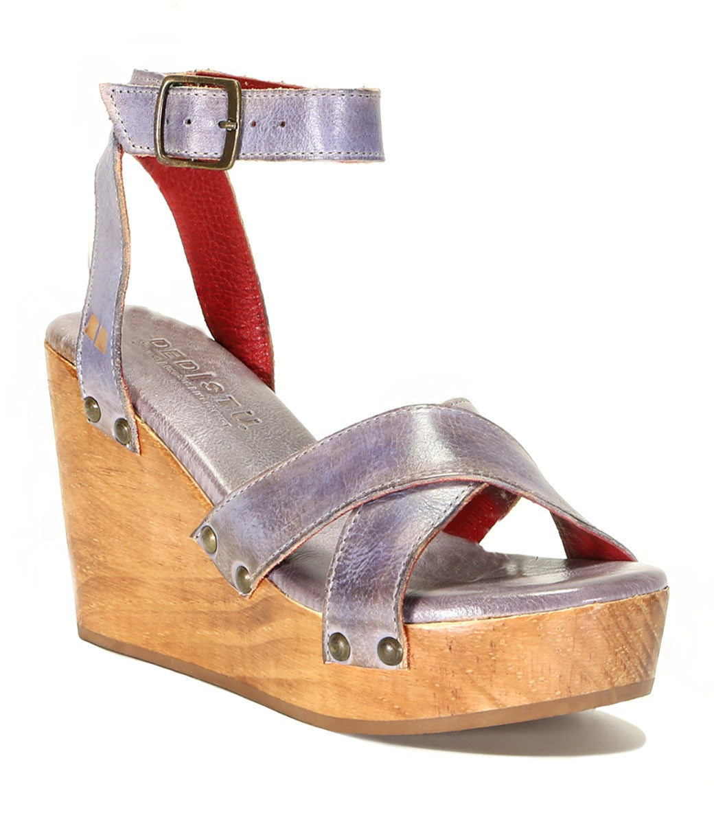 A women's Grettell Bed Stu purple and wood wedge sandal with straps.
