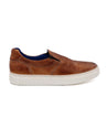 A men's brown slip on sneaker with a white sole called Harry by Bed Stu.