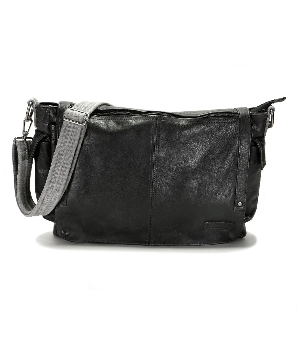 A black leather Hawkeye II messenger bag by Bed Stu.