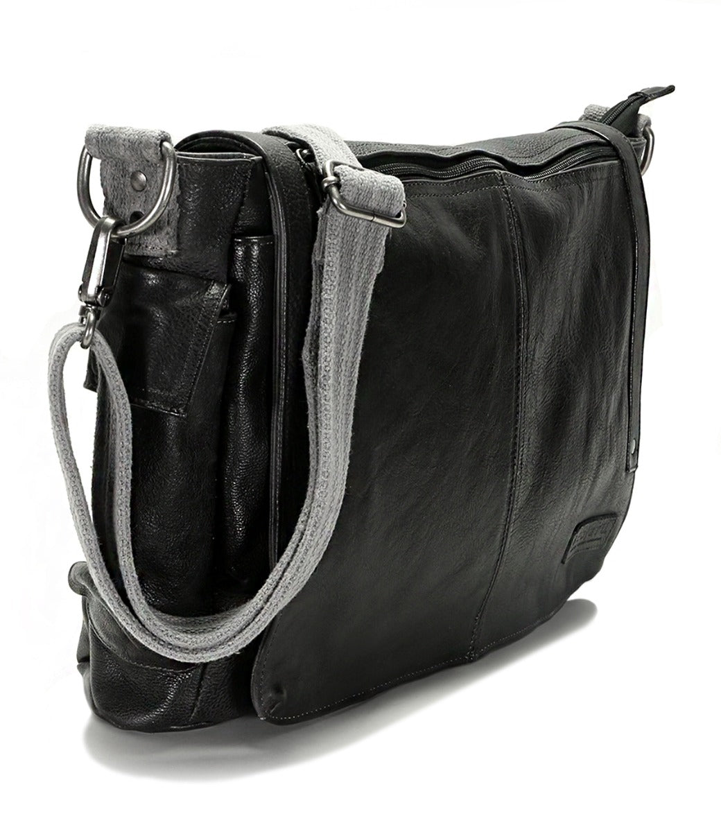 A black leather Bed Stu Hawkeye II messenger bag.