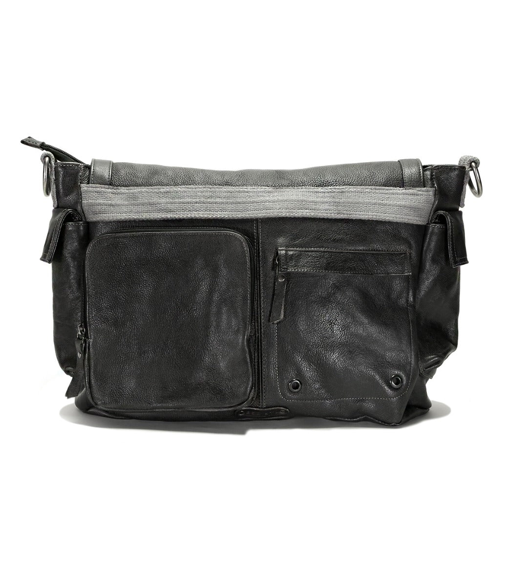 A black leather Hawkeye II bag with two compartments by Bed Stu.