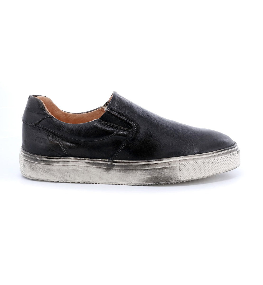 A black leather Hermione slip on sneaker with silver soles by Bed Stu.