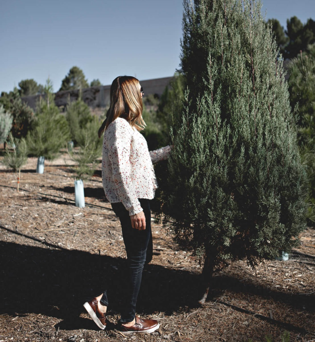 A woman standing in front of a Bed Stu Christmas tree farm.